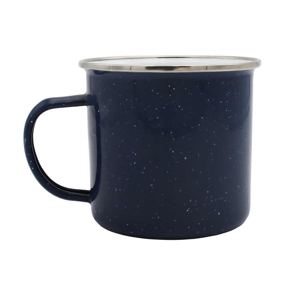 Navy blue speckled mug with a handle on the left.