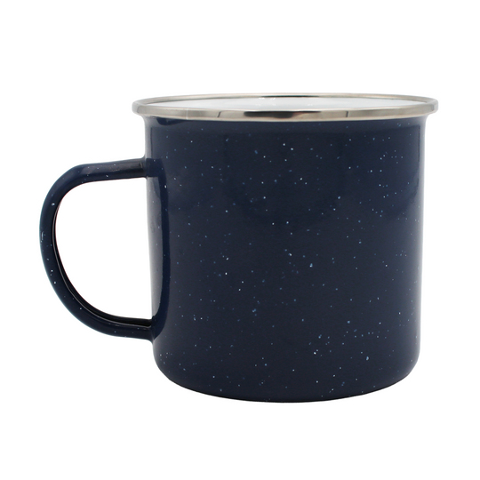 Navy blue speckled mug with a handle on the left.