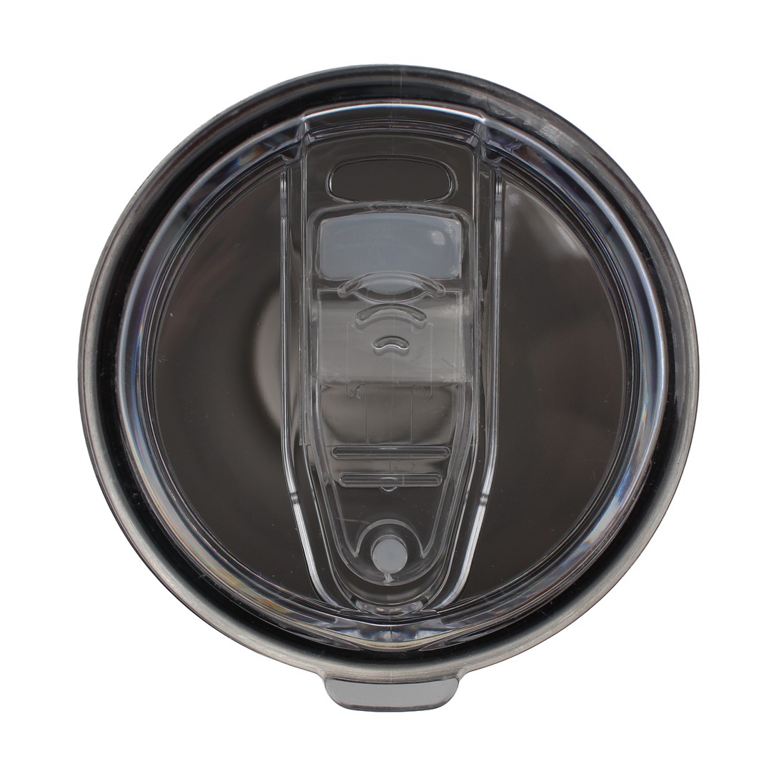 A clear plastic lid to a tumbler with a sliding sip mechanism. 