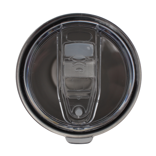 A clear plastic lid to a tumbler with a sliding sip mechanism. 