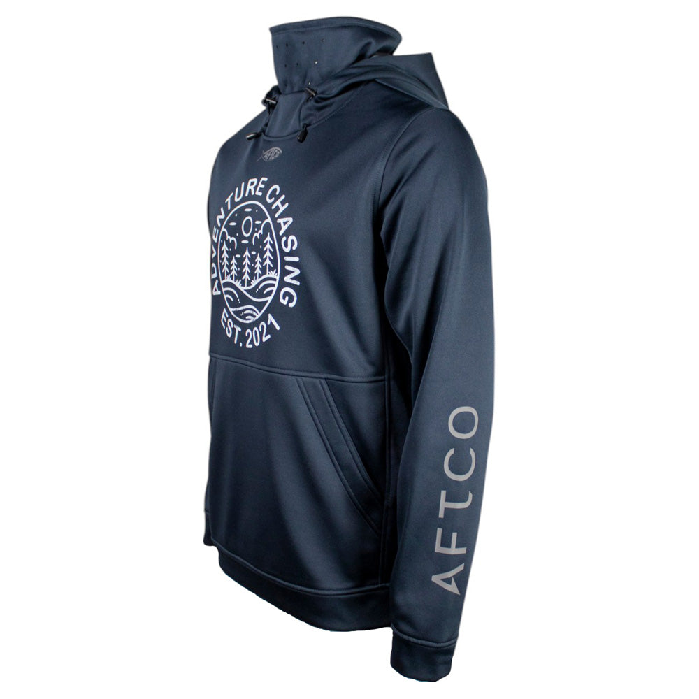 Navy blue hoodie featuring a graphic design and logo on the front and sleeve.