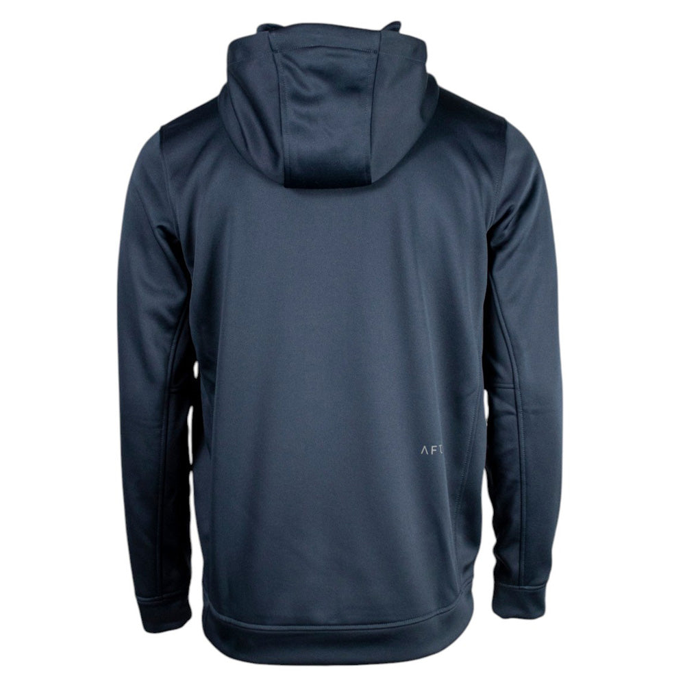 Back view of a dark hoodie with a hood.