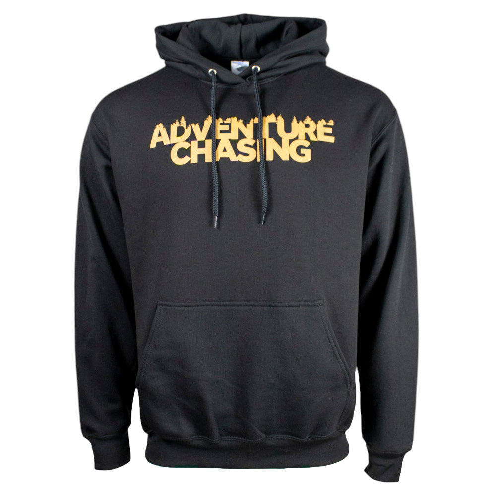 Black hoodie with 'ADVENTURE CHASING' printed in gold letters