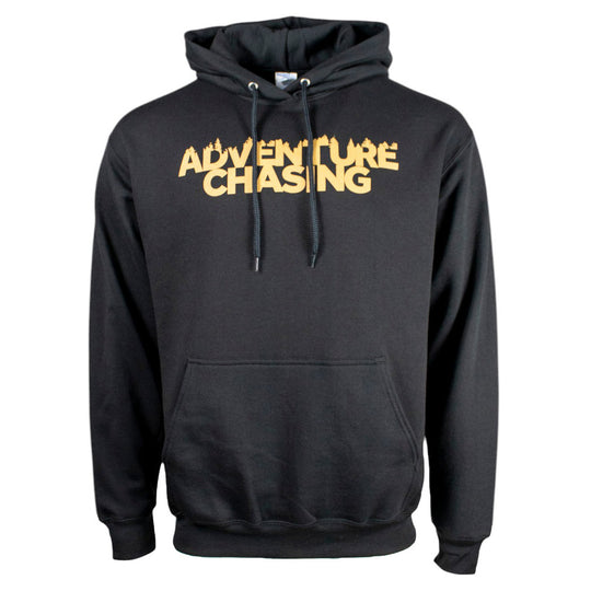 Black hoodie with 'ADVENTURE CHASING' printed in gold letters