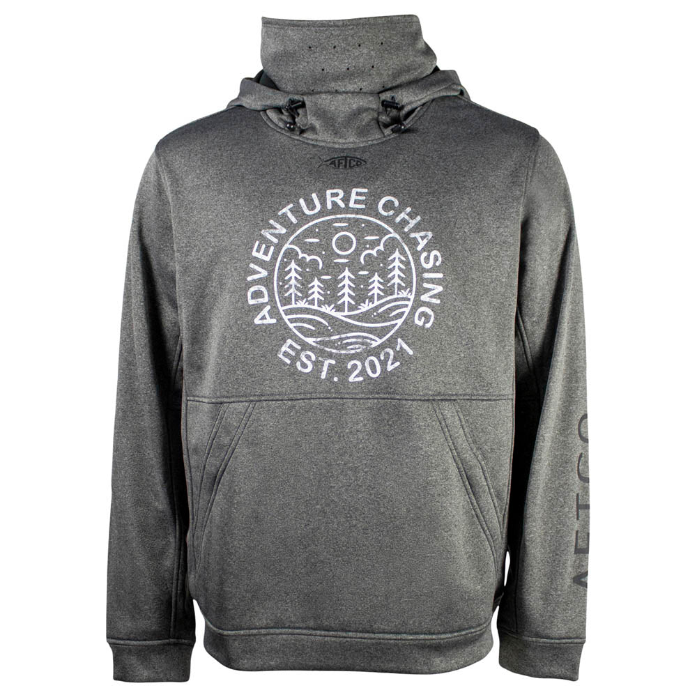 A grey aftco hoodie with a white circular adventure chasing logo on the front.