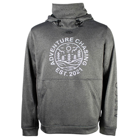 A grey aftco hoodie with a white circular adventure chasing logo on the front.