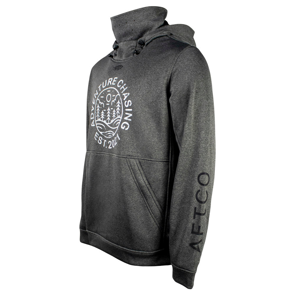 Side of a grey aftco hoodie with a white circular adventure chasing logo on the front and a black "AFTCO" logo on the sleeve.