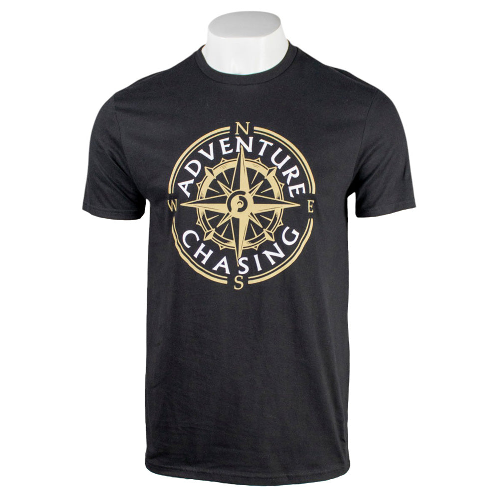 Black t-shirt featuring a compass design with the words 'Adventure Chasing'.
