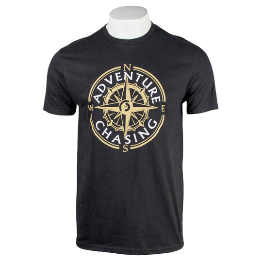 Black t-shirt featuring a compass design with the words 'Adventure Chasing'.