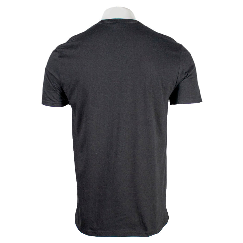 Back view of a plain black short-sleeve t-shirt on a mannequin