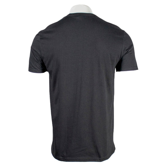 Back view of a plain black short-sleeve t-shirt on a mannequin