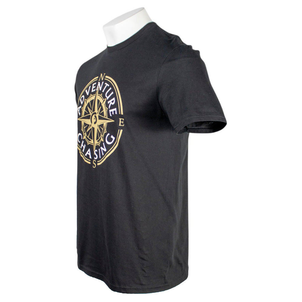 Black t-shirt with a compass design and the text 'Adventure Chasing'