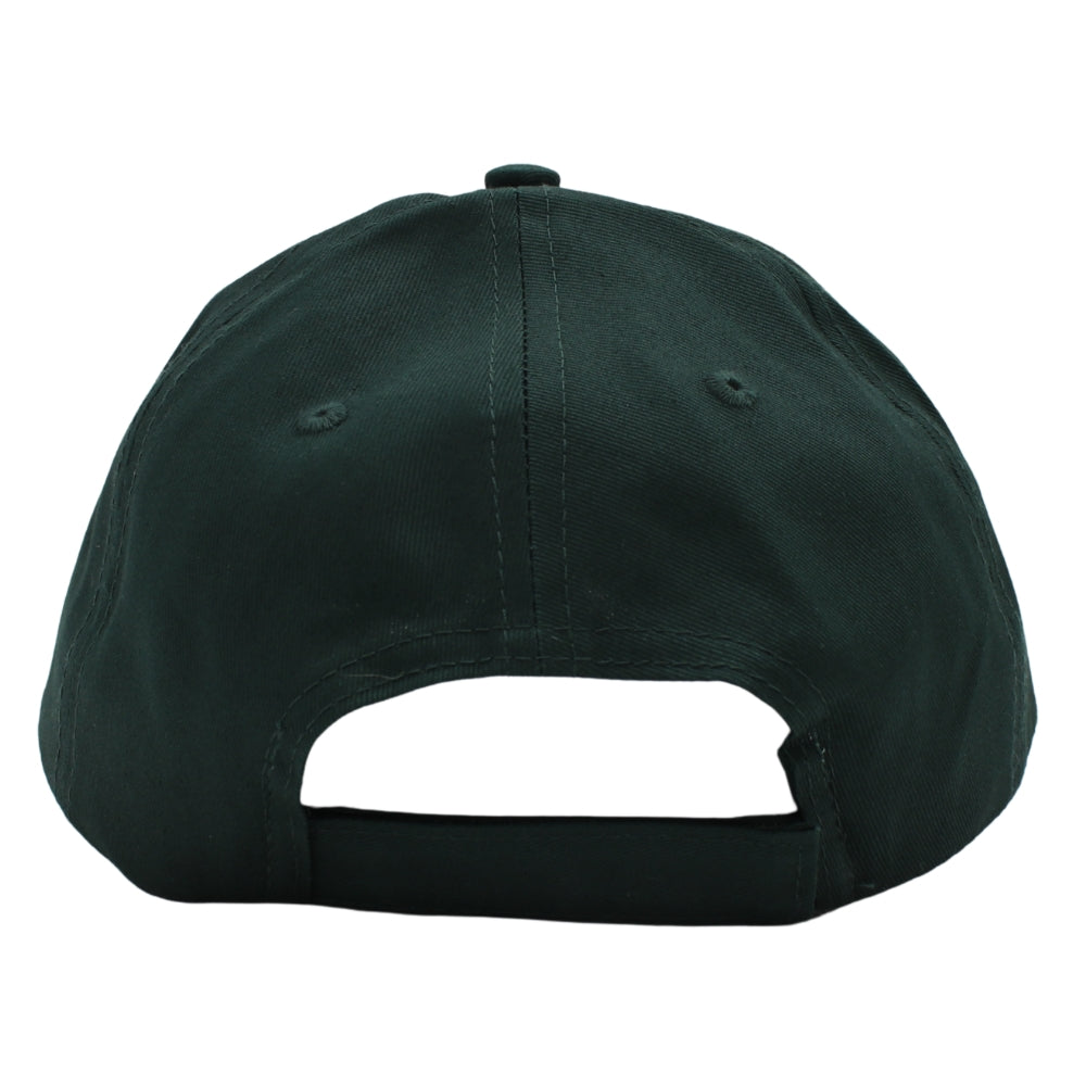 The back view of a dark forest green baseball cap with an adjustable Velcro closure. 
