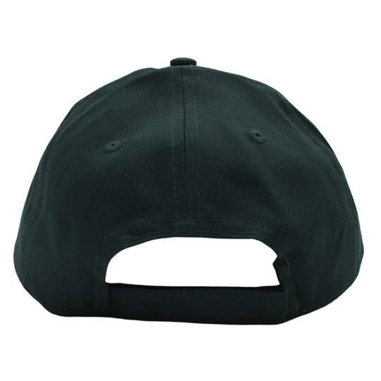 The back view of a dark forest green baseball cap with an adjustable Velcro closure. 