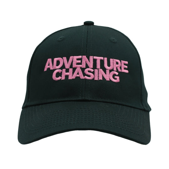 A dark green cap with 'ADVENTURE CHASING' embroidered in pink across the front, shown from the front.