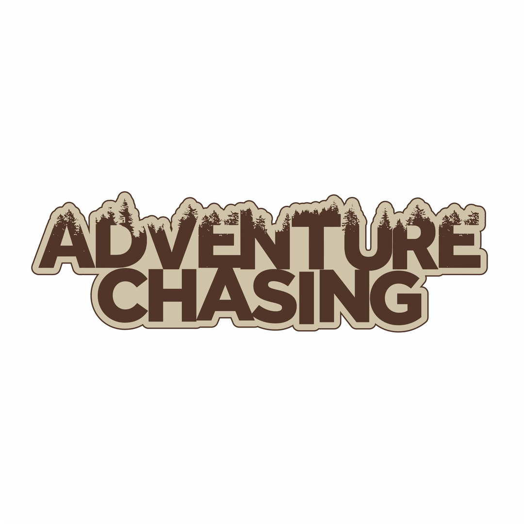 Brown decal of 'ADVENTURE CHASING' text logo with a mountainous design.
