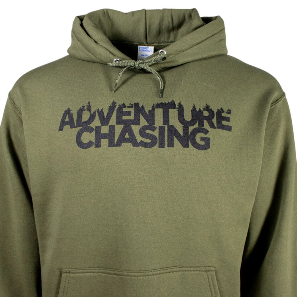 Olive green hoodie with 'ADVENTURE CHASING' printed in bold black letters