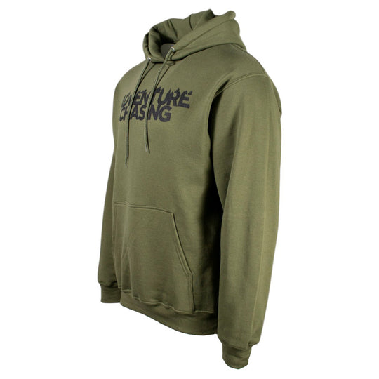 Olive green hoodie with 'ADVENTURE RACING' logo.