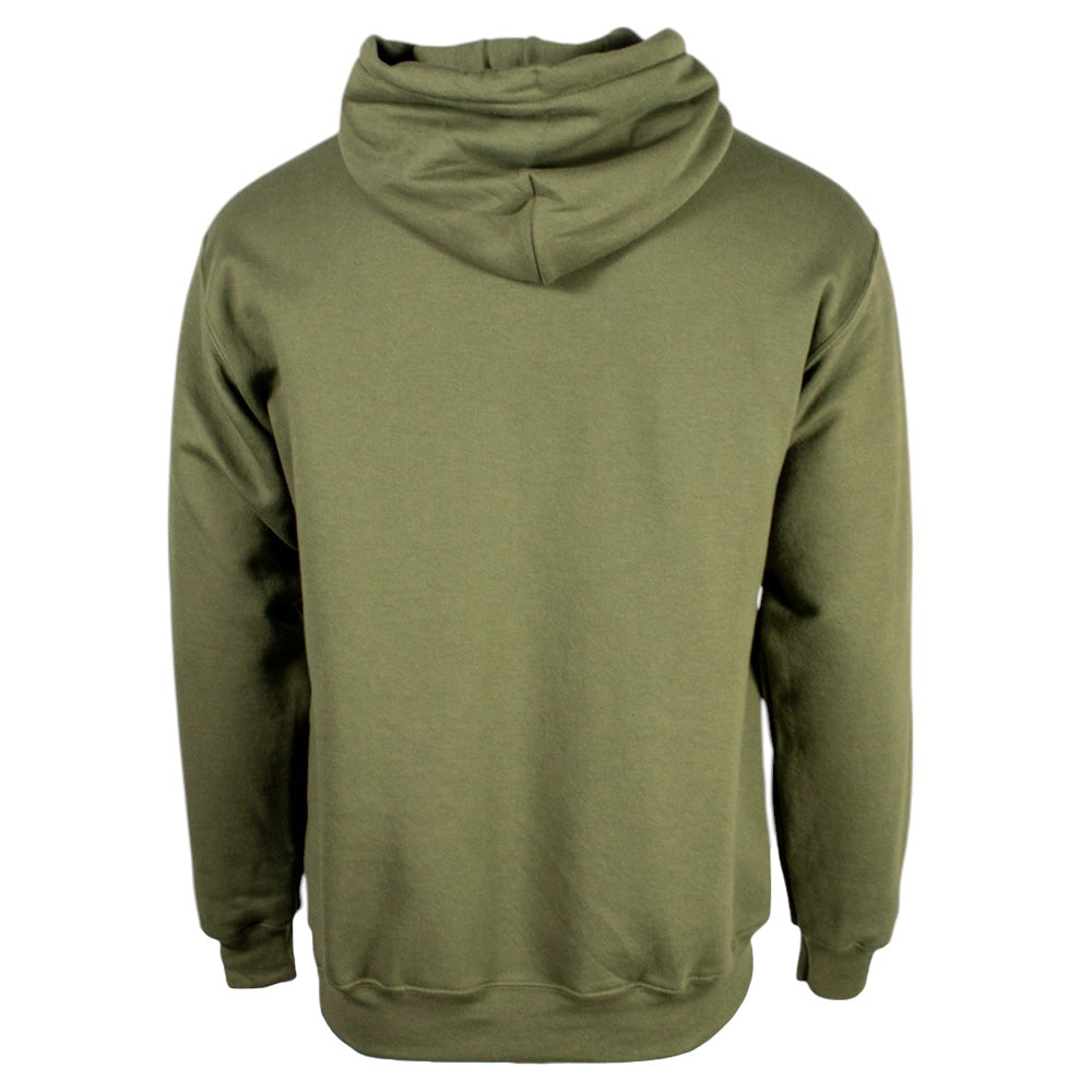 Back view of a green hooded sweatshirt