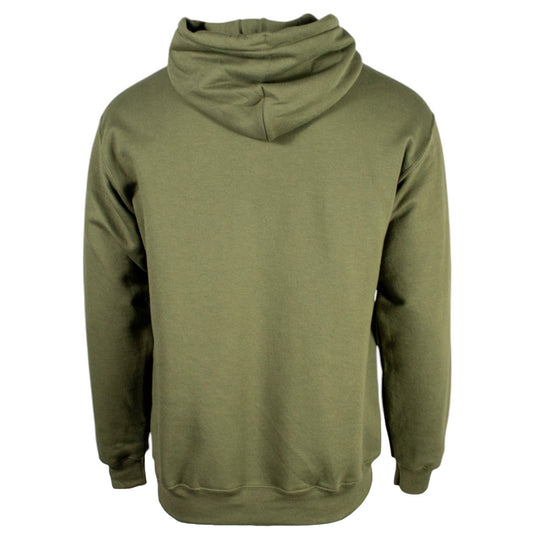 Back view of a green hooded sweatshirt