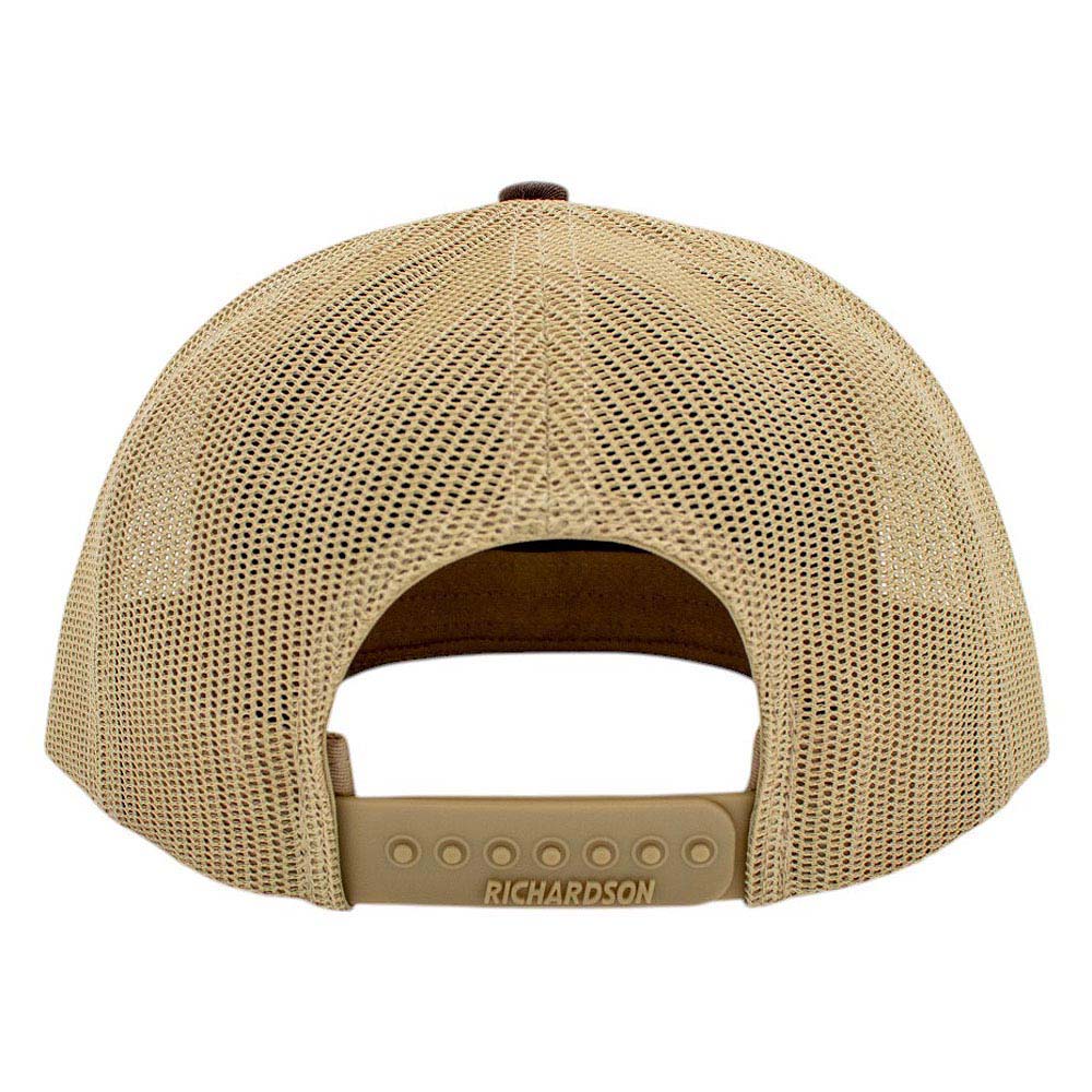 Back view of a beige mesh cap with adjustable strap.