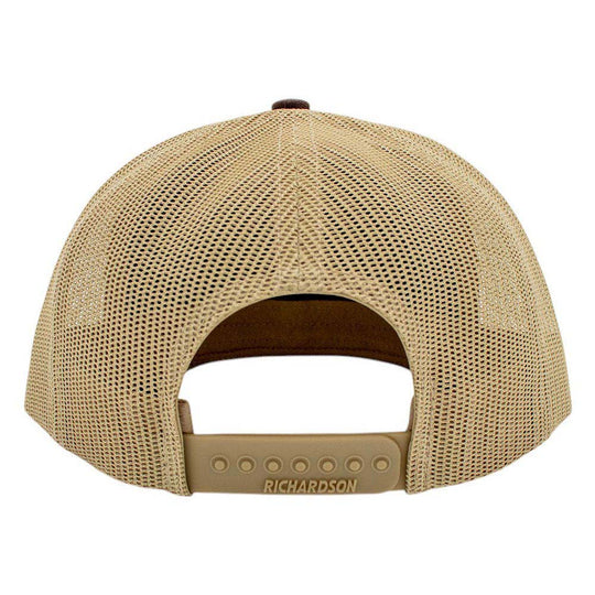 Back view of a beige mesh cap with adjustable strap.