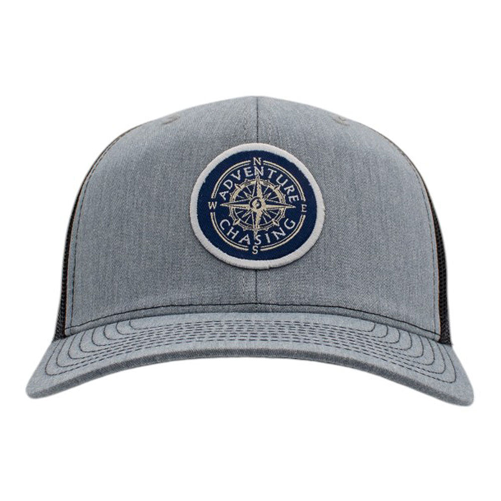 Gray baseball cap with an adventure-themed patch