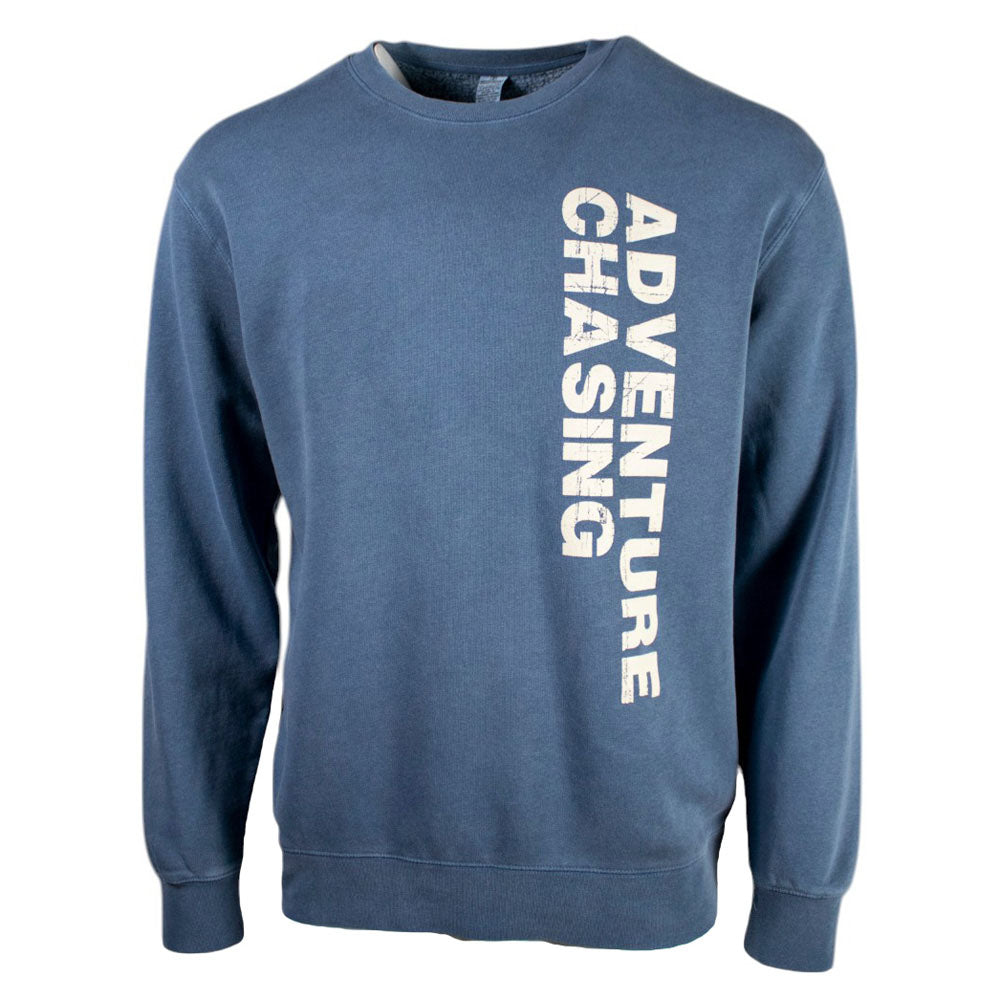 Blue sweatshirt with 'ADVENTURE CHASING' printed vertically in white