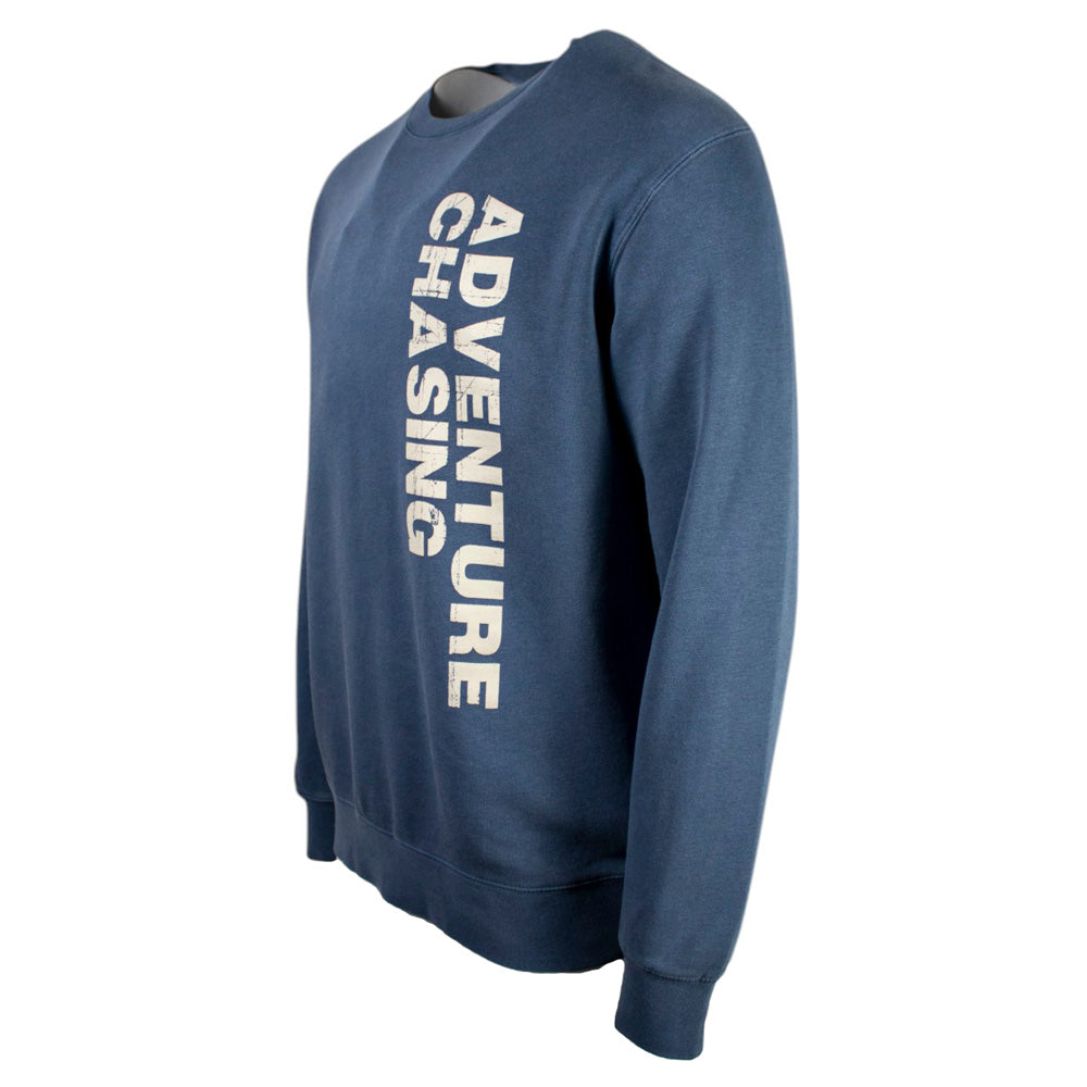 Blue sweatshirt with 'ADVENTURE CHASING' printed on the front.