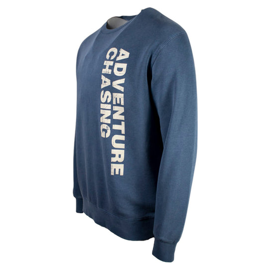 Blue sweatshirt with 'ADVENTURE CHASING' printed on the front.