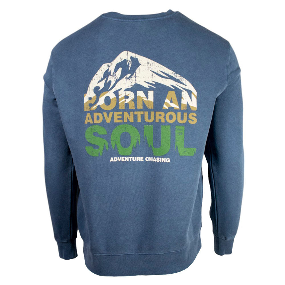 Sweatshirt with a mountain graphic and text reading 'Born An Adventurous Soul'.