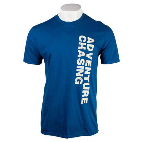 Blue t-shirt with the words 'ADVENTURE CHASING' printed vertically in white