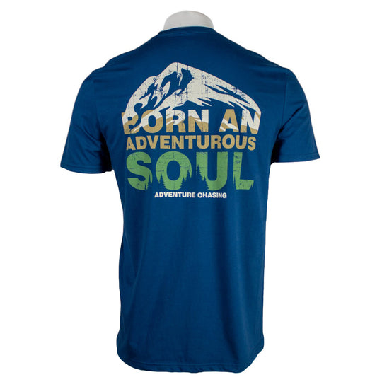 Blue t-shirt with the text 'Born an Adventurous Soul' and a mountain graphic.