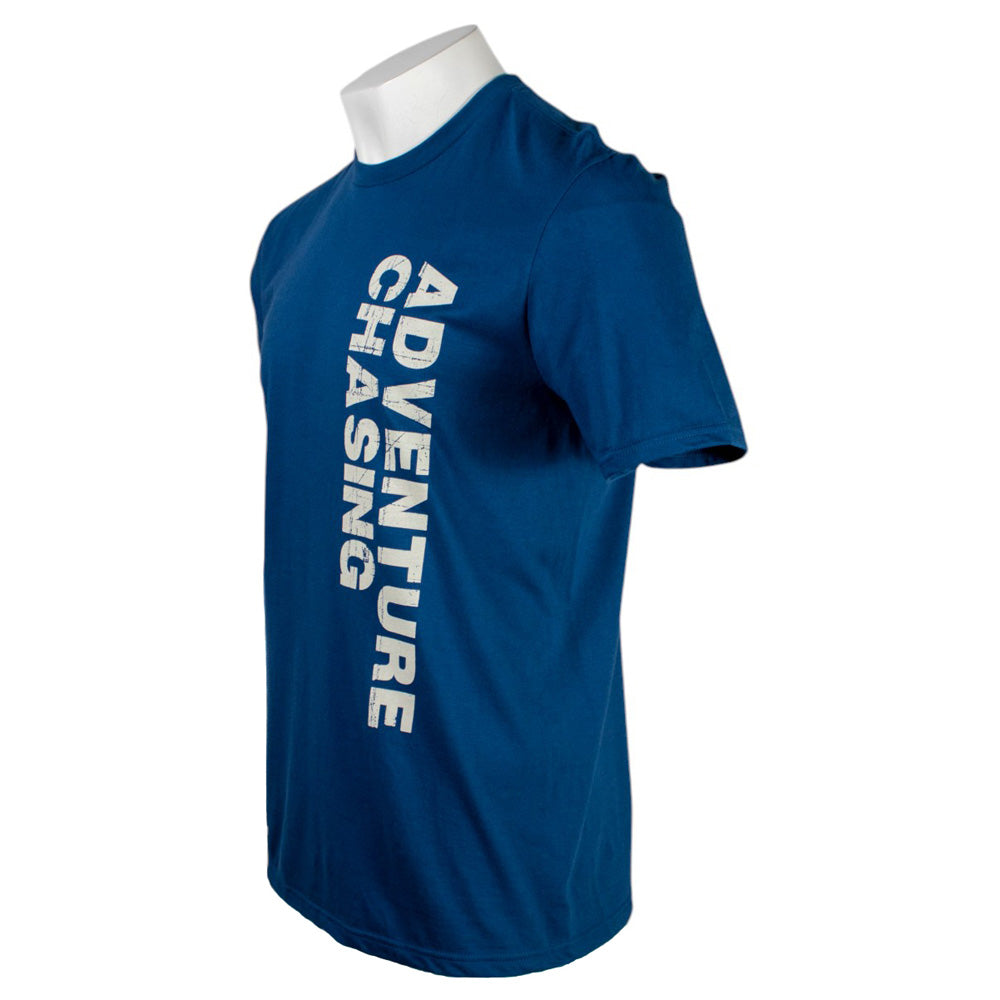Blue t-shirt with 'ADVENTURE CHASING' printed in white