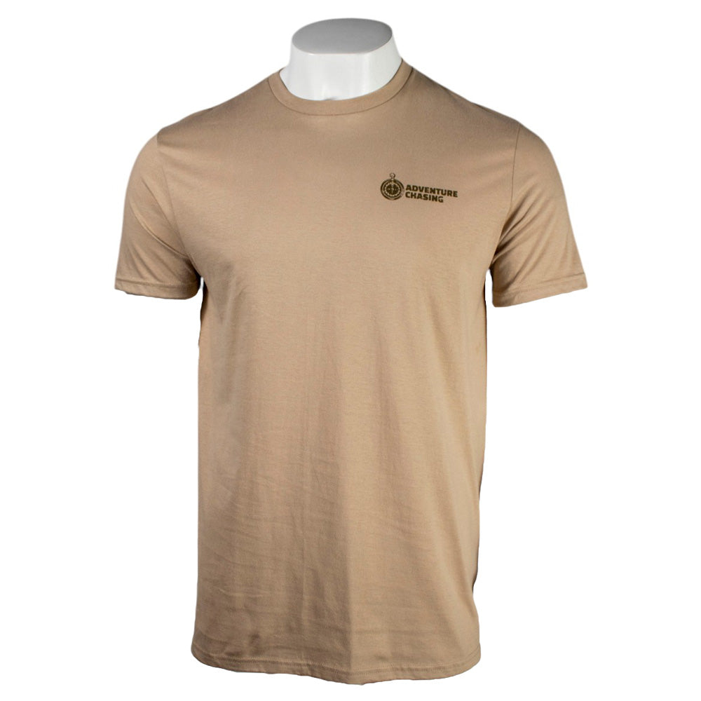 A plain beige short-sleeve t-shirt displayed on a mannequin.