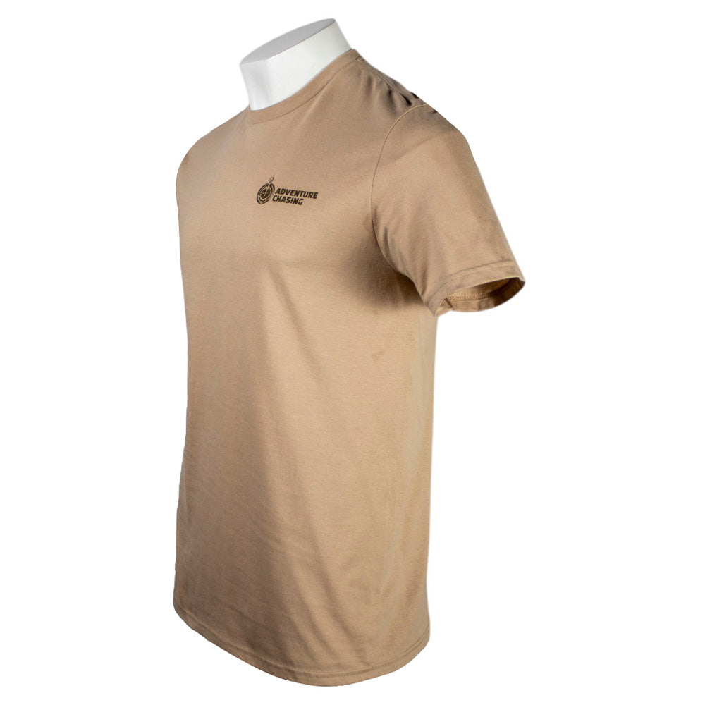 Beige short-sleeved t-shirt displayed on a mannequin.